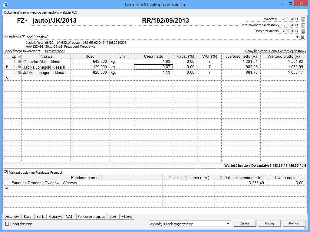 faktura zakupu od rolnika z naliczeniem funduszu promocji